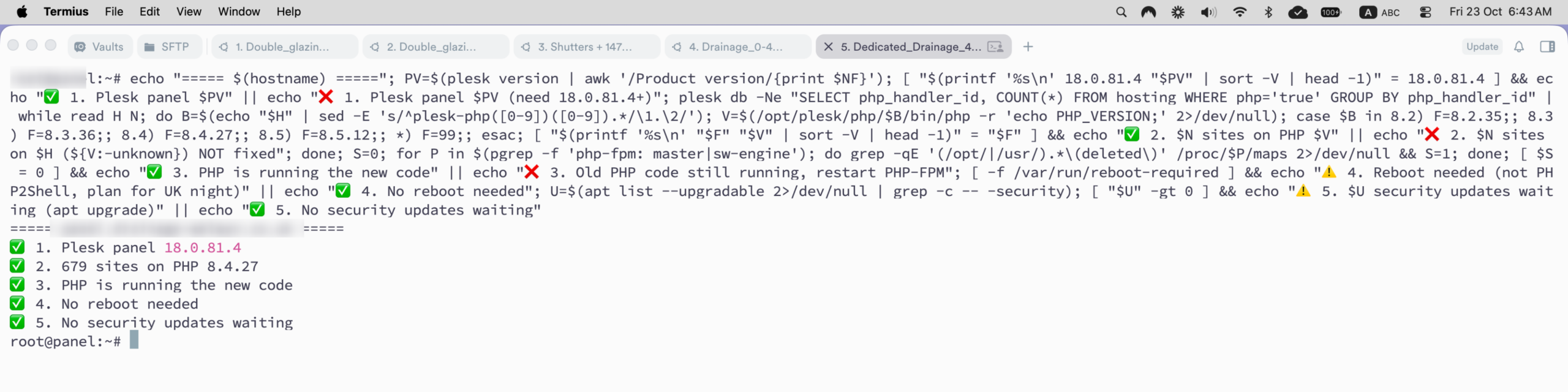 Plesk server security check with 5 green ticks for 679 WordPress sites